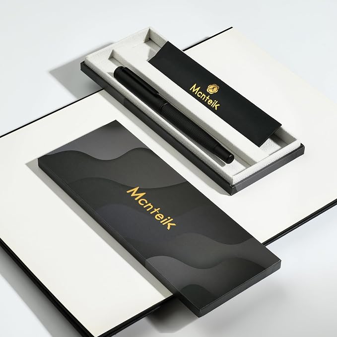 MCNTEIK Matte Black Fountain Pen, Exquisite Vertical Grooving Design, Ink Converter, 18K Gilded Nib (Extra Fine), Fancy Gift Set for Men & Women, Office, Smooth Writing Calligraphy Pens
