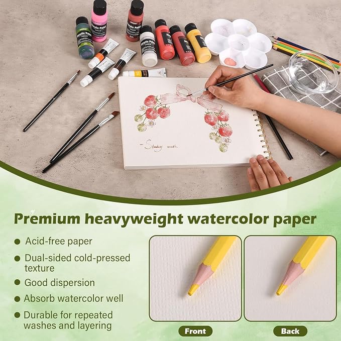 Qlmhudaim Watercolor Paper Pad 8" x11” (26Sheets, 140lb/300g) | Spiral Bound Tear Line Artist Mixed Media Sketchbook, Watercolor Paper for Adults Kids, Watercolor Sketches & Art Journals