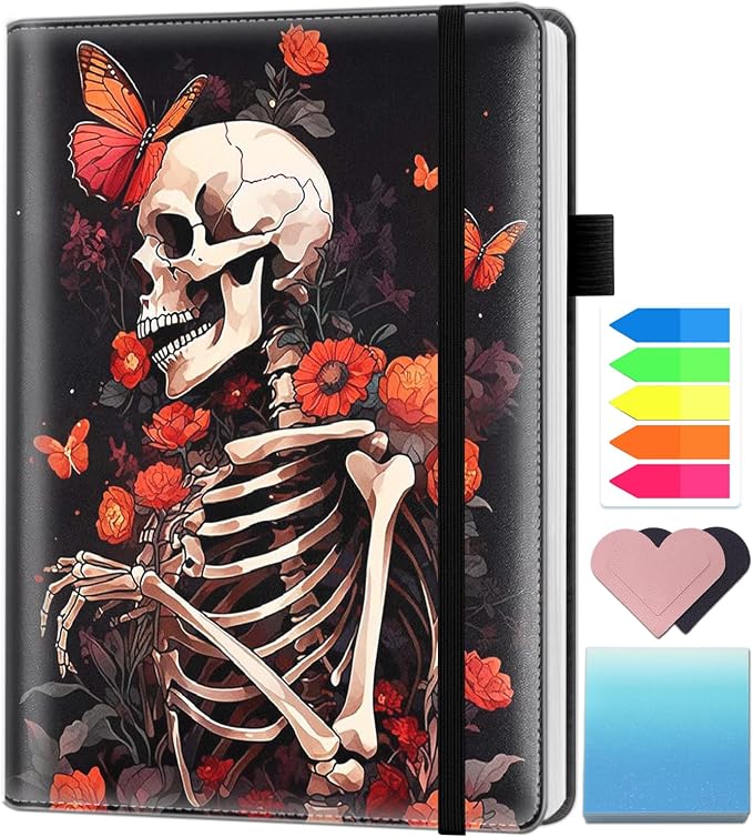 A5 Leather Lined Journal Notebook, 200 Pages Hardcover Executive Notebook for Men Women Office School Note Taking, Thick Writing Paper Daily Journal with Bookmarks/Indexes, Skeleton and Red Flower