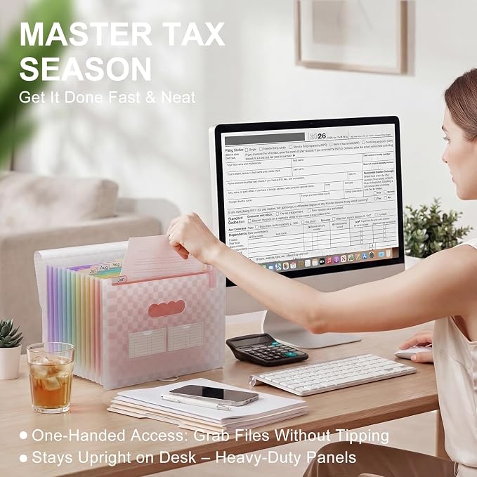 ThinkTex Accordion File Organizer, 12 - Pocket Expanding File Folders | for Paper Receipts, Bills & Taxes Organizer, Letter/A4 Size Document Holder for School, Office, home with Colorful tabs- Pink