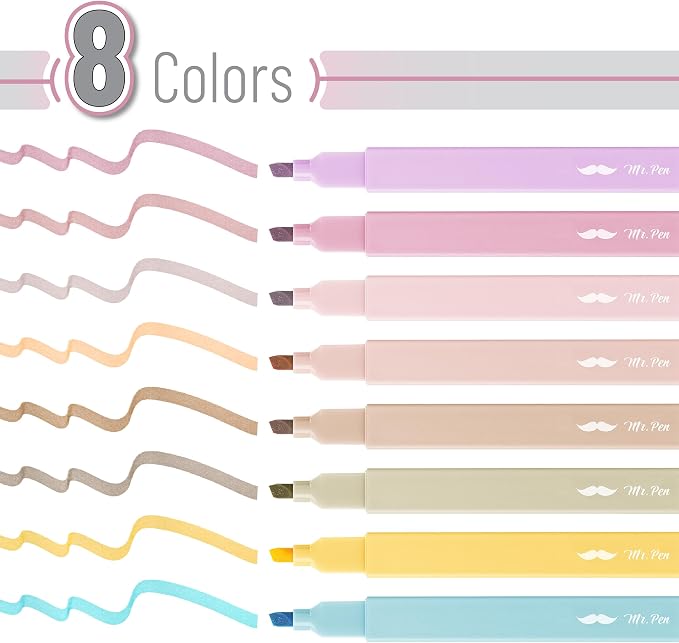 Mr. Pen- Aesthetic Highlighters No Bleed, 8 Pack, Assorted Colors | Chisel Tip, Cute Highlighters Assorted Colors for Journaling, Highlighting, Underlining, Fast Dry, Back to School Supplies
