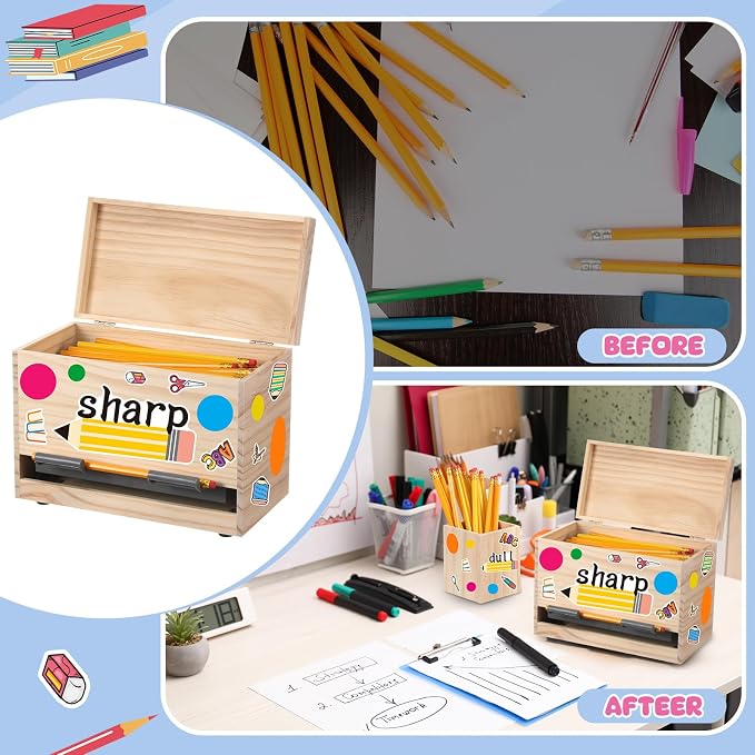 Mifoci 8 Pcs Wooden Pencil Dispenser Kit for Classroom Wooden Pen Holder Straw Dispenser Sharp and Dull Letter Stickers for Teachers Classroom Supplies Storage (Wood)