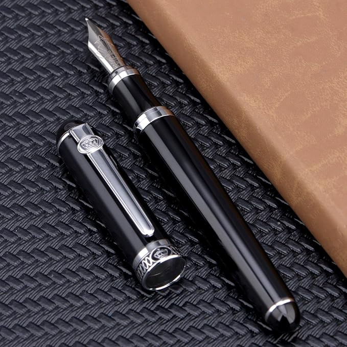 Lanxivi Duke D2 Fountain Pen Black Silver Trim Fine Nib with Additional Fude Nib (Bent Nib) and Converter Calligraphy Art Pen Set
