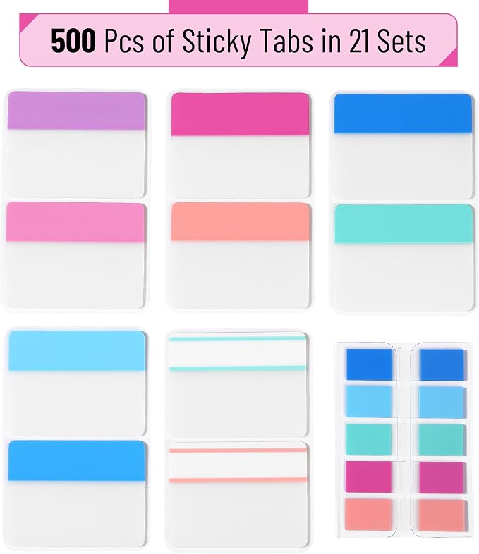 Mr. Pen- Sticky Index Tabs, 500 Pcs, 21 Sets, Colorful | Writable Colored Pages Markers Labels for Reading Notes, Books, Binders, Notebook, Folders and Classify Files