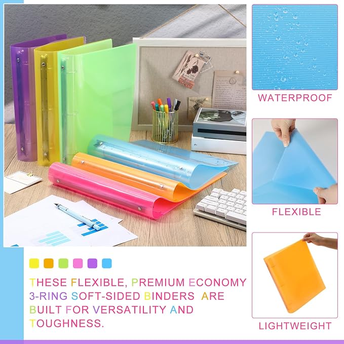 Fulmoon 6 Pack Plastic 3 Ring Binder Assorted Colors Economy Flexible Round Ring Presentation Binders with Pocket for Office School Meeting(1.5 Inch,Neon Colors)