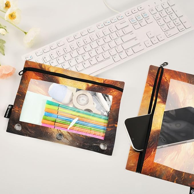 ALAZA Pencil Pouch for 3 Ring Binder, Fire Phoenix Bird Binder Pencil Pouches with Clear Window Zipper Pencil Case Cosmetic Bags for Office College Supplies, 2PCS