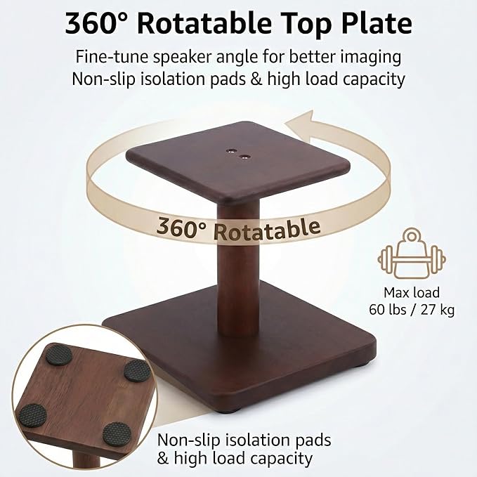 Desktop Speaker Stands Made of Pure Solid Wood, Natural Style, 360° Rotatable Top Plate, Suitable for Medium/Large Tabletop Speakers and Studio Monitors (Walnut Brown Finish_DSS9(12 inch))