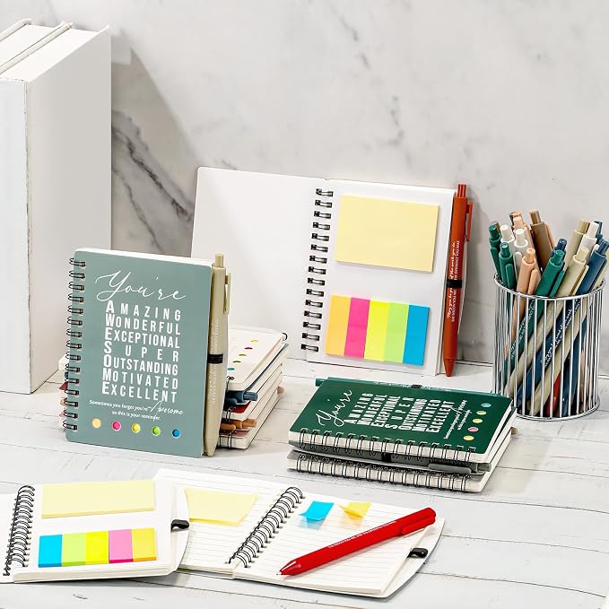Jetec 100 Pcs/50 Sets Back to School Teacher Gifts Motivational Spiral Notebook with Sticky Notes Pen Bulk Inspirational Journals Thank You Gift for Employee Coworker Birthday Party (Earth Tone)