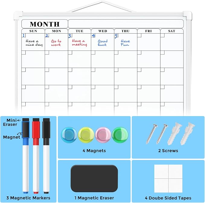 MaxGear Monthly Calendar Dry Erase Board for Wall, 16"x12", White Frame | Double-Sided, Hanging Small White Board, Portable Whiteboard for Planning, Drawing, Memo, to Do List, Home, Kitchen, Office