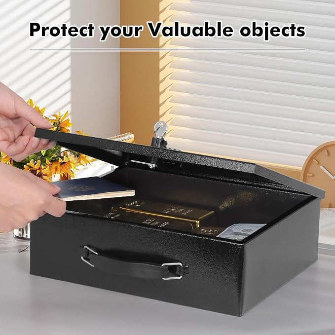 KYODOLED Fireproof Lock Box for Documents, Dual Combination and Key Lock Security with Carrying Handle, Metal Strong Safe Box to Keep Personal Items, Documents, Exterior 13.2''x 11''x4.13'', Black