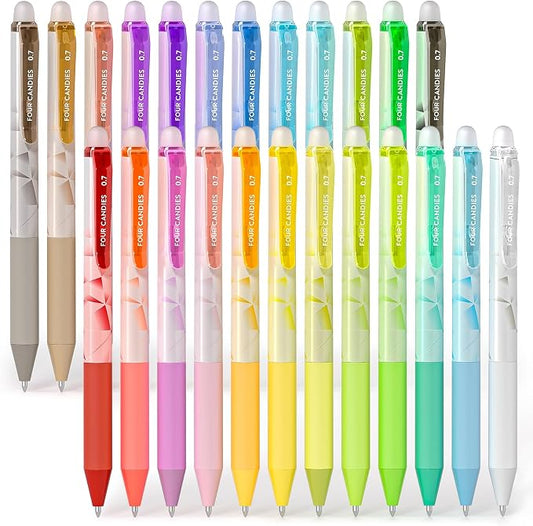 Four Candies Retractable Erasable Gel Pen, Fine Point, 0.7mm, 24 Colors | Make Mistakes Disappear, Vibrant Assorted Color Erasable Pens for Writing, Planners & Crossword Puzzles