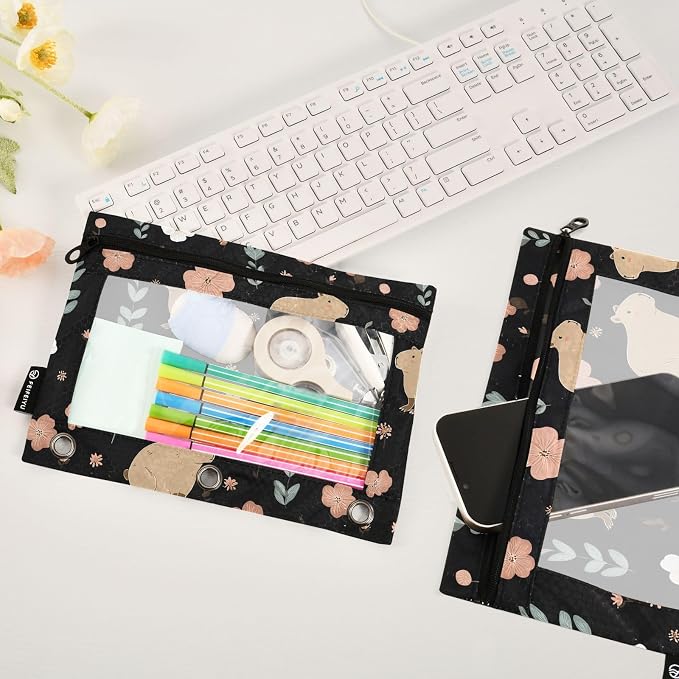 Gredecor Binder Pencil Pouch 3 Ring Capybara with Flowers Daisy Zipper Pencil Pouches Case 2 Pack Clear Binder Organizer for School Office