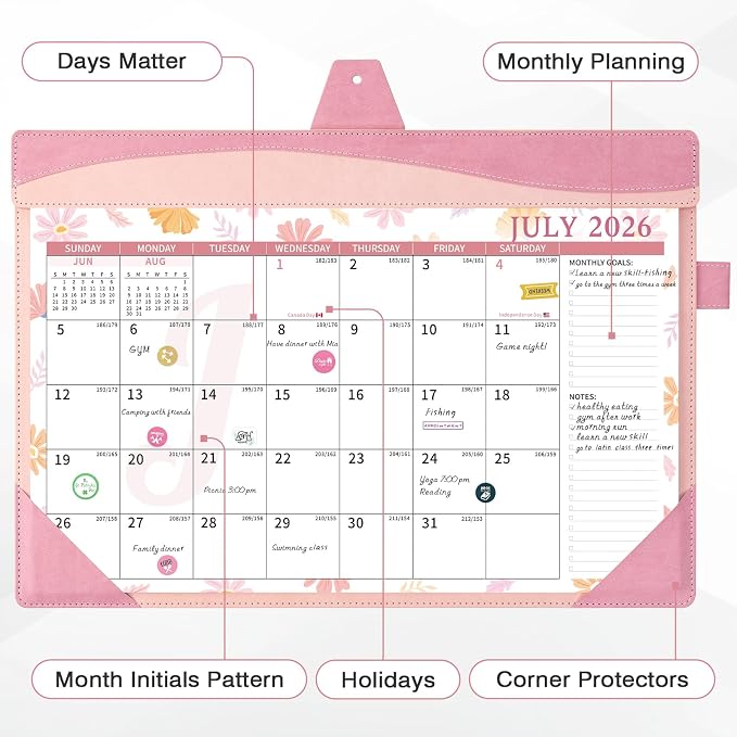 Ospelelf Leather Desk Calendar 2026-2027 Large 12"x17" Monthly Planner Pad with Protective Cover 18 Months Use July 2026 to December 2027 Pink Floral