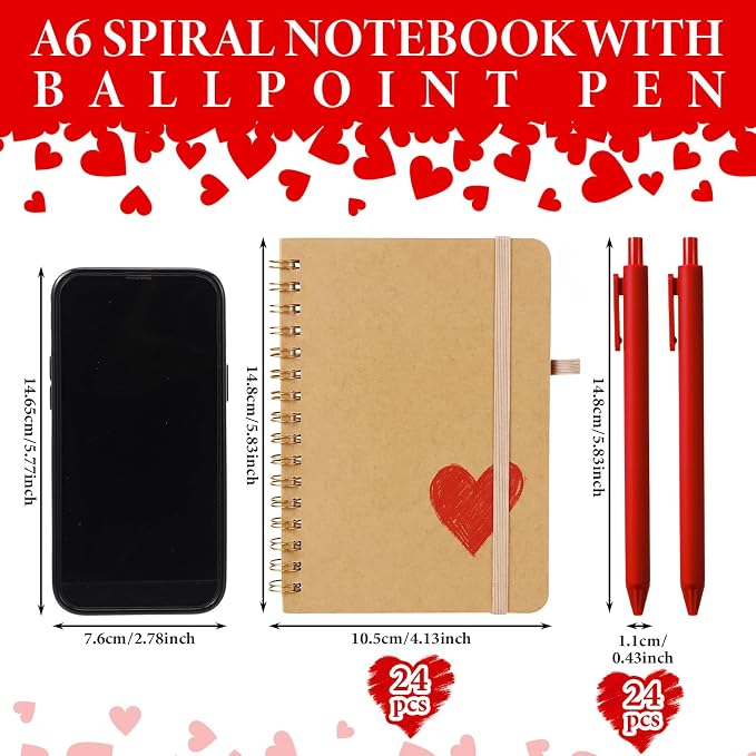 Fulmoon 24 Set Red Heart A6 Spiral Notebook with Ballpoint Pens 50 Sheets, 4"x 6" Small College Ruled Notepads Heart Journaling Notebooks Bulk Team Gifts for Women Back to School Supplies