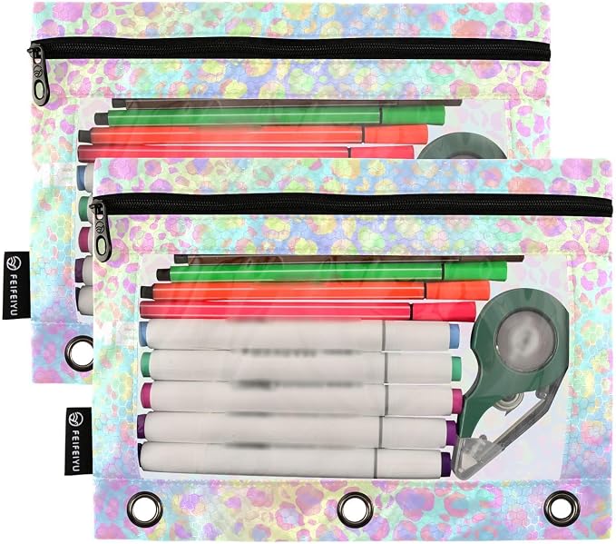 ALAZA Pencil Pouch for 3 Ring Binder, Rainbow Leopard Print Rose Gold Cheetah Custom Binder Pencil Pouches with Clear Window Zipper Pencil Case Cosmetic Bags for Office College Supplies, 2PCS