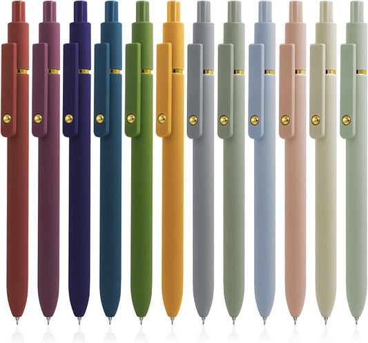 UIXJODO Gel Pens, 12 Pcs Black Ink Pens for Women, 0.5mm Fine Point Smooth Writing Pens, High-End Series Retractable Pens for Journaling Note Taking (12 Pcs Gold Morandi and Vintage)