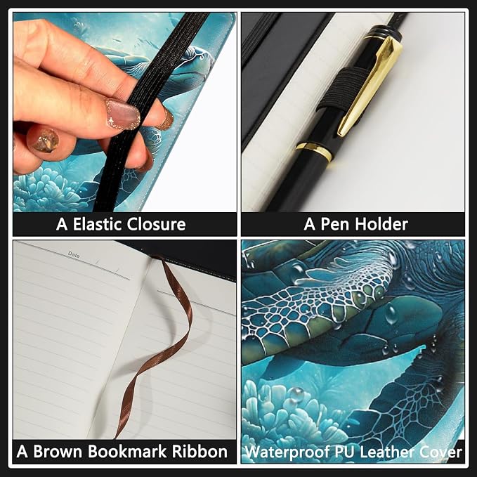 A5 Leather Lined Journal Notebook, 200 Pages Hardcover Executive Notebook for Men Women Office School Note Taking, Thick Writing Paper Daily Journal with Bookmarks/Indexes, Sea Turtle