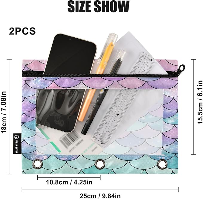 Gredecor Binder Pencil Pouch 3 Ring Pastel Mermaid Scales Zipper Pencil Pouches Case 2 Pack Clear Binder Organizer for School Office