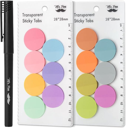 Mr. Pen- Round Transparent Sticky Notes, 1.1” Diameter, 14 Pads, 560 Sheets | Colorful, Water-Resistant See-Through Sticky Notes & Fineliner, Smooth Writing, Note Tabs for Bible Journaling, Studying