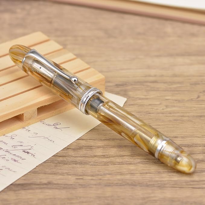 Asvine V800 Fountain Pen -Vacuum Filling System with Large Ink Capacity-Number 8 Stub Nib 1.1mm Calligraphy Art Drawing with Wrench Gift Set- Brown White Acrylic