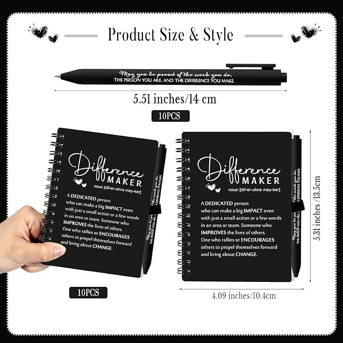 Resurhang 10 Sets Difference Maker Employee Appreciation Gift Bulk Inspirational A6 Spiral Notebook Journal Ballpoint Pens for Teacher Volunteer Coworker Team Back to School (Black)
