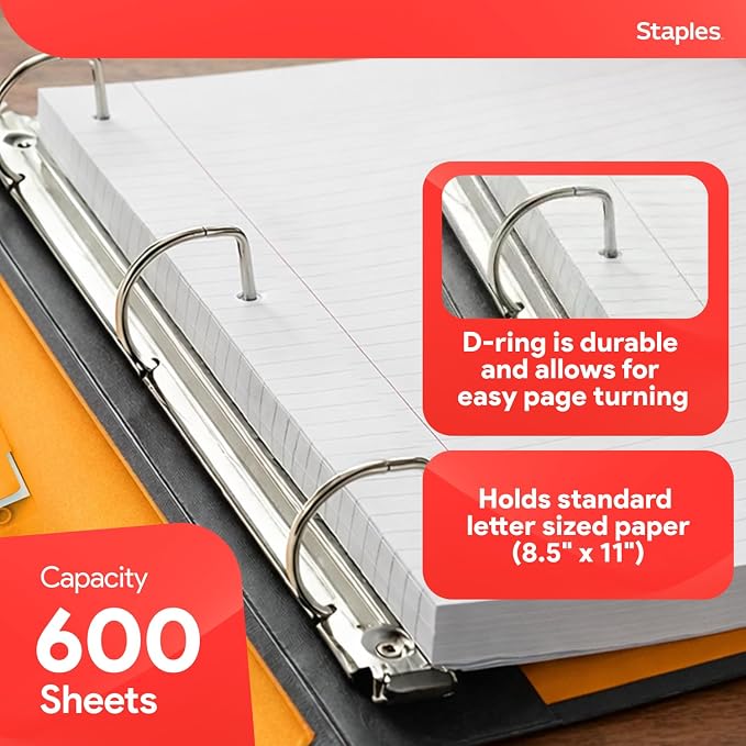 Staples 3" D‑Ring Heavy‑Duty View Binder, Orange, Durable 3‑Ring Binder with Reinforced Construction, Holds Up to 600 Sheets for School & Office
