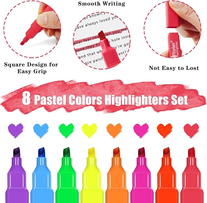 Piochoo Highlighters,8 Pack Assorted Colors Highlighters,Aesthetic Soft Chisel Tip Highlighter,Bible Journaling Highlighter for Office School Supplies