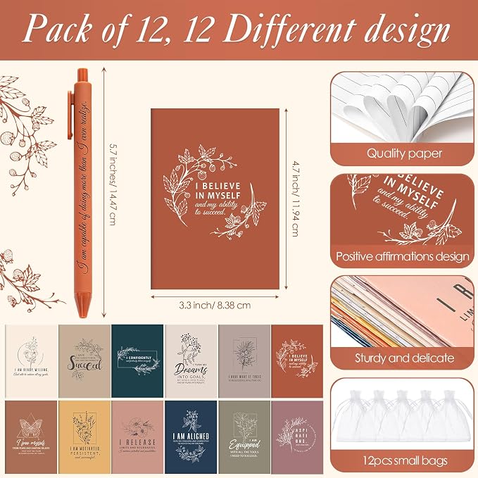 Mooliwe 24 Pcs Positive Affirmation Gift Set Gratitude Notebooks with Pens Small Bags Motivational Encouragement Notepads Daily Affirmations Journal for Women Stress Relief Self Care (Simple)