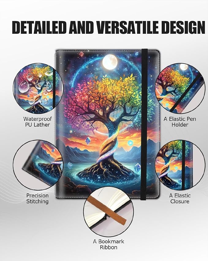 Hardcover Executive Notebooks, A5 PU Leather Lined Journal Notebook, 200 Pages Thick Paper Subject Notebooks for School,Work,Home Writing Business Notebook, Diary Book,Colorful Tree of Life in Space