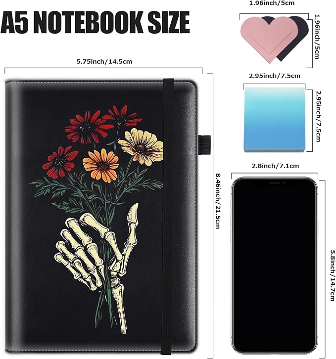Hardcover Executive Notebooks, A5 PU Leather Lined Journal Notebook, 200 Pages Thick Paper Subject Notebooks for School,Work,Home Writing Business Notebook, Diary Book ，Hand Bones Holding Flowers