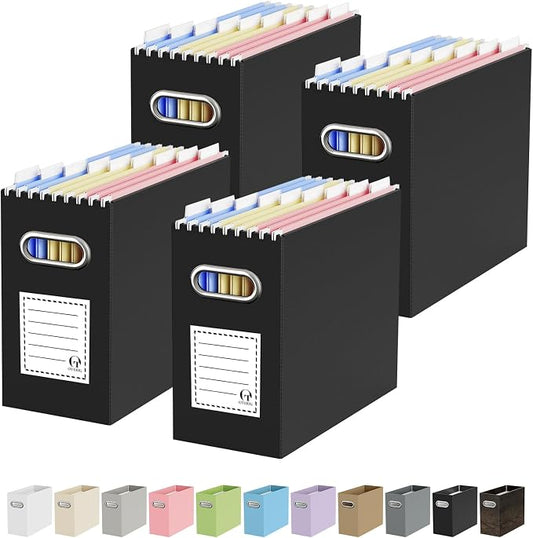 Oterri File Organizer Box, Portable Collapsible Cardboard File Folder Organizer with Handle for Letter Size Hanging Files, Document Storage Box for Home Office & Classroom (4 Packs, Black)