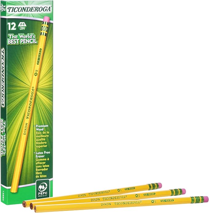 Ticonderoga Wood-Cased Pencils, Unsharpened, #4 2H Extra Hard, Yellow, 12 Count