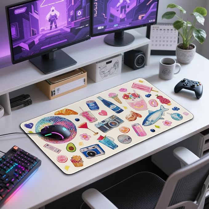 Watercolor Stickers Gaming Mouse Pad 31.5"x15.7" | XXL Desk Mat, Non-Slip Rubber Base, Stitched Edges, Extended Waterproof, PC/Laptop/Office/Home