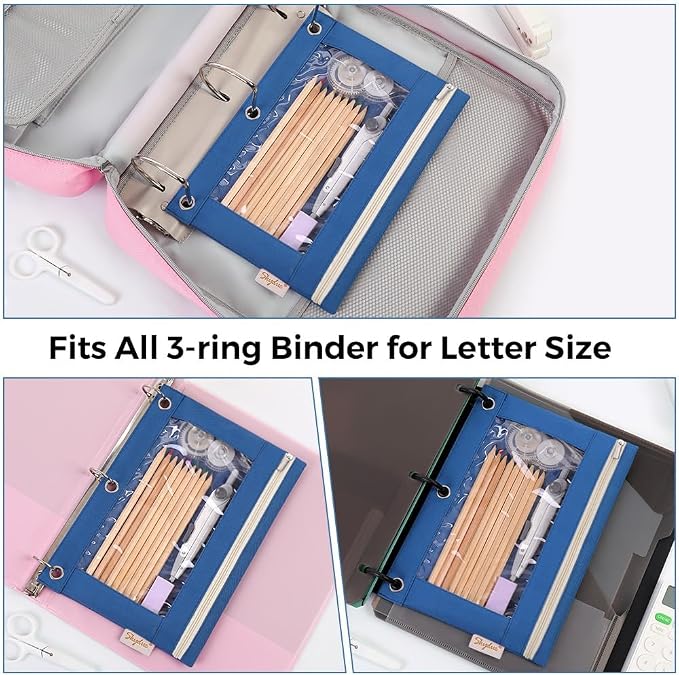 SKYDUE Pencil Pouch for 3 Ring Binder, Zipper Pencil Pouches for Girls Boys, Clear Window Pencil Bag, 3 Ring Pencil Pouch Case for Binder, Durable Organizer for School Supplies