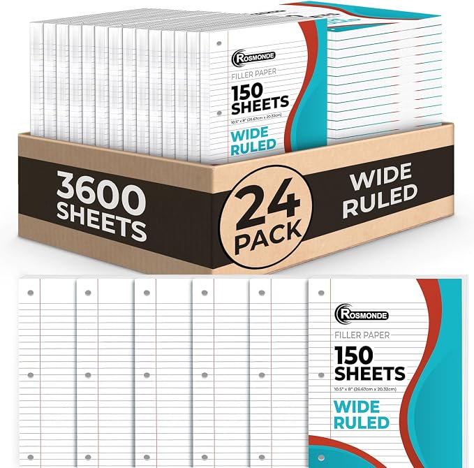Rosmonde Loose Leaf Paper Bulk, 3600 Sheets, 24 Pack, Wide Ruled Paper | Bulk Notebook Paper, 8" x 10.5", 150 Sheets/Pack, Bulk Office Filler Paper, 3 Hole Punched, Wide Ruled Paper For Binder