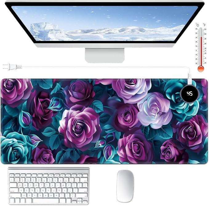 Heated Desk Pad Large Mouse Pad 31.5 x 13 inch with 3 Levels Heating & Auto Shut-Off Warm Mouse pad PU Leather Computer Mousepad for Home Office Work - Colorful Rose Flowers