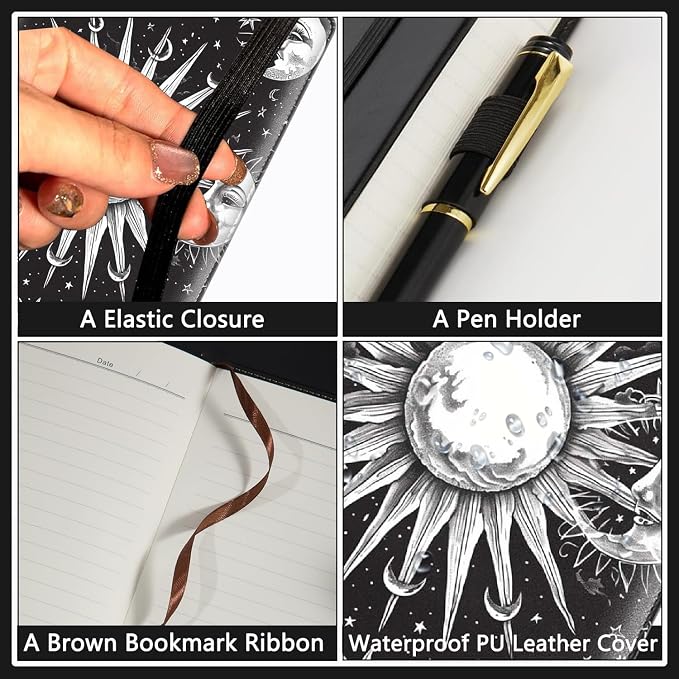 A5 Leather Lined Journal Notebook, 200 Pages Hardcover Executive Notebook for Office School Note Taking, Thick Writing Paper Daily Journal with Bookmarks/Indexes, Black and White Sun Moon