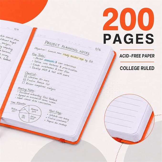 SUIN Hardcover-Journal-Notebooks, A5 Lined Journals Notebook for Writing 200 Pages, 8.2 x 5.5 inch, Classic Ruled Notebooks for Work/Travel/College (Orange- 6 Pack)