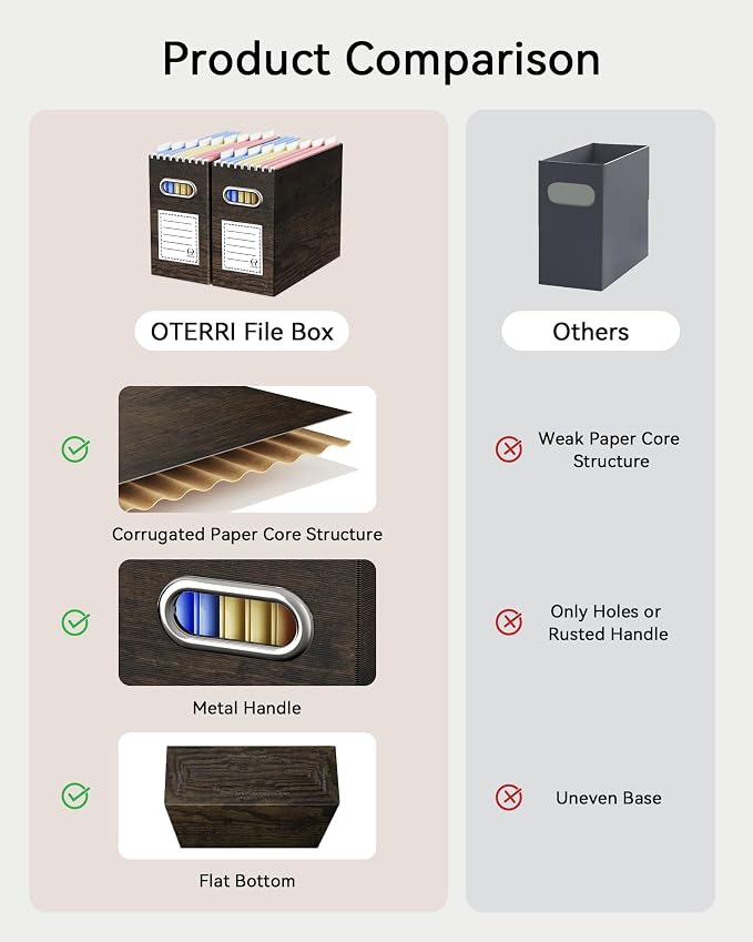 Oterri File Organizer Box, Portable Collapsible Cardboard File Folder Organizer with Handle for Letter Size Hanging Files,for Home Office & Classroom (6 Packs, Brown Wood Grain Print)