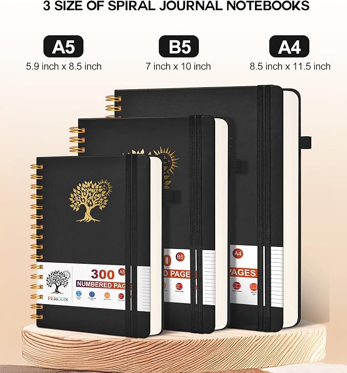 PERCUN B5 Spiral Notebook 300 Numbered Lined Pages Hardcover Journal 7"x10" | College Ruled Spiral Bound Notebook with Tabs, Large Leather Journal for Women Men, Work, School, Travel,Writing,Note Taking