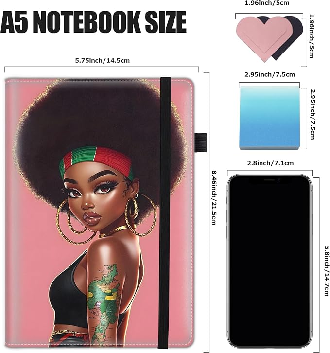 Hardcover Executive Notebooks, A5 PU Leather Lined Journal Notebook, 200 Pages Thick Paper Subject Notebooks for School,Work,Home Writing Business Notebook, Diary Book, African Black Girl