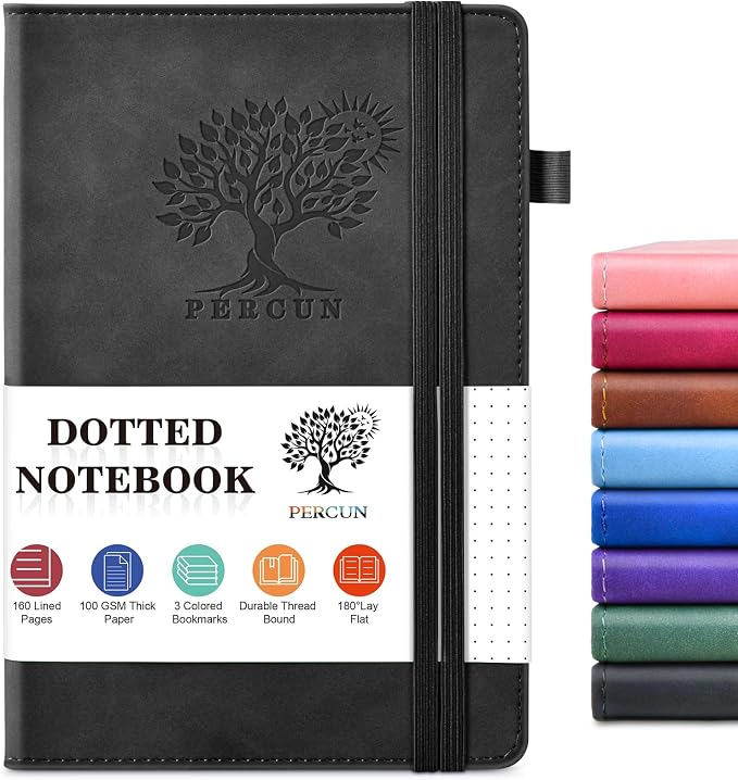 PERCUN A5 Dotted Journal Notebook, Leather Hardcover Notebook 5.9"×8.5" | 160 Dotted Pages Journal for Women & Men, Dot Grid Notebook for Writing, Work, School, Travel Daily Diary, Bullet Journaling
