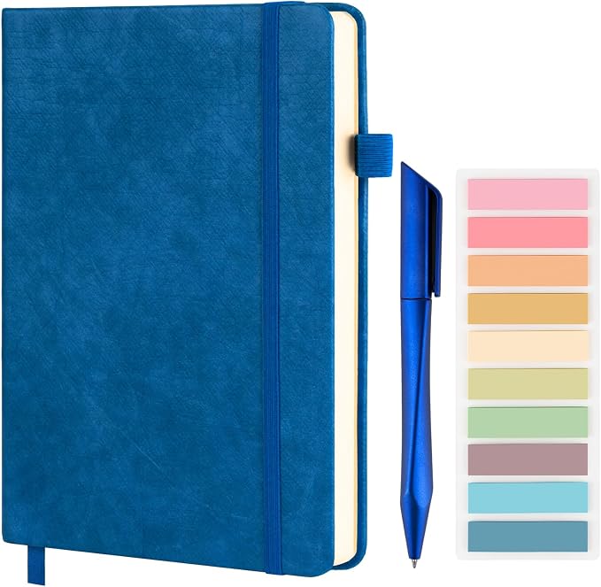 A5 Lined Journal Notebook Set with Pen & Sticky Notes, Hardcover Ruled Notebook 200 Pages Thick Paper, College Ruled Journal for Work Office School, 5.7 x 8.3 in, Blue