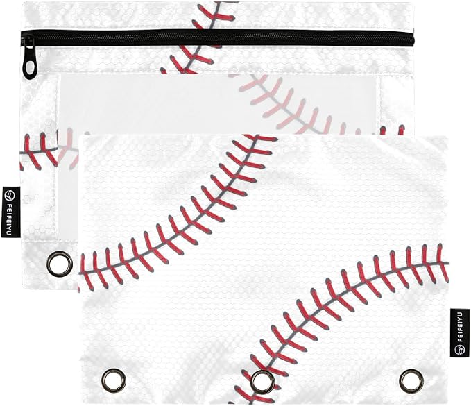 Baseball Pencil Pouches for 3 Ring Binder 2 Pack | Binder Pencil Case With Zipper Reinforced GrommetsPencil Bags for Office Organizers