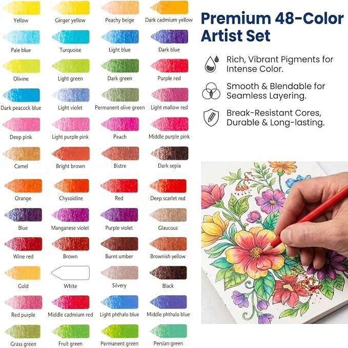 Colored Pencils Set with Sharpener, Soft Core Color Pencils for Adult Coloring Books, Artist Drawing, Sketching, Blending, Shading, Layering & Art Supplies (48 Colors)