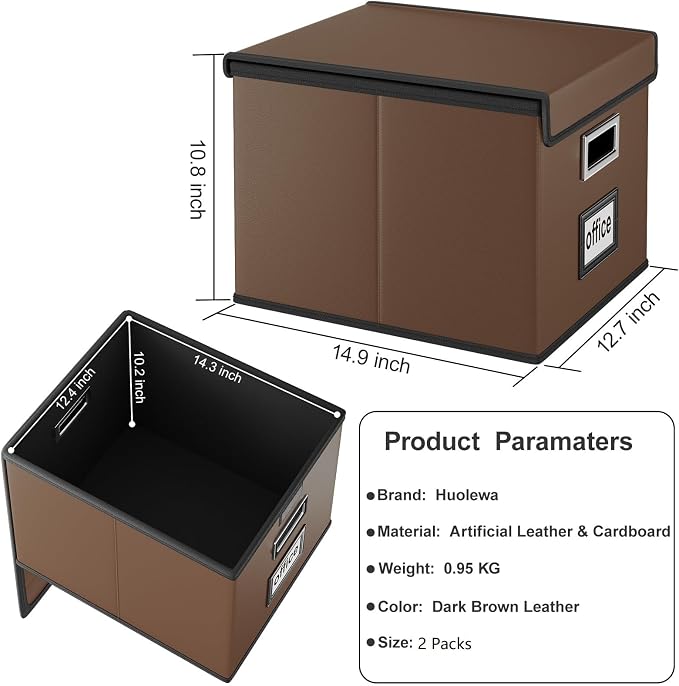 File Organizer Boxes with Lids, Collapsible Faux Leather Hanging File Folder Box Organizer with Plastic Slide, Decorative Home/Office Filing System Boxes for File and Folders Storage