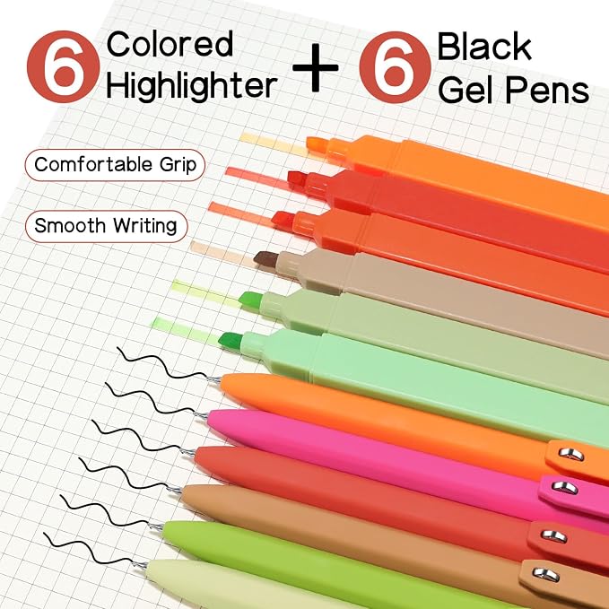 Piochoo Highlighters and Pens, 6PCS No Bleed Aesthetic Highlighters and 6PCS 0.5mm Black Ink Gel Pens for Journaling, School and Office Supplies