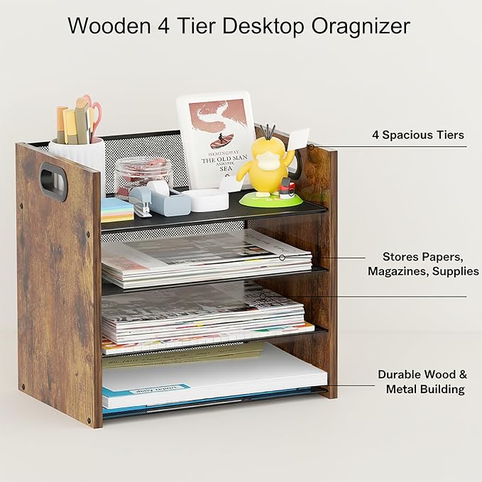 Desk Organizer, 4 Tier Desktop File Organizer and Paper Tray Organizer, Office Desk Accessories for Mail, Documents, Papers, Notebooks and Home Office Storage