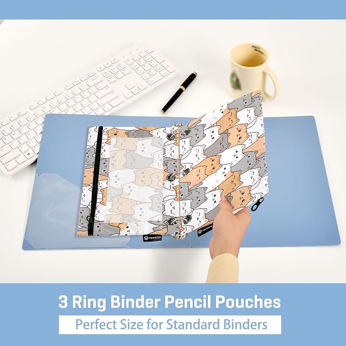 ALAZA Pencil Pouch for 3 Ring Binder, Cartoon Kitten Kitty Binder Pencil Pouches with Clear Window Zipper Pencil Case Cosmetic Bags for Office College Supplies, 2PCS