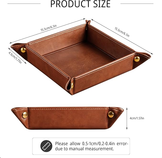 YAPISHI Light Luxury Valet Tray for Men, PU Leather Vanity Jewelry Tray & Decorative Perfume Catchall, Folding Travel EDC Dump Tray, Nightstand Organizer Caddy for Keys, Watches, Coin Bowl Dish